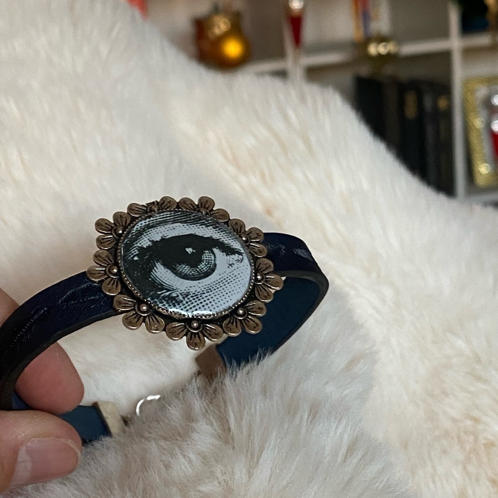 Fornasetti black leather Bracelet with black Band Evil eye Protection - Picture 7 of 7